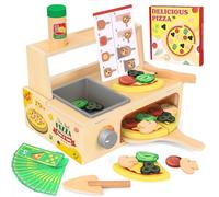 Charmofun Pizza Bois, Aliments Dinette en Bois, Accessoires Cuisine Enfants avec Four de Cuisson et Tabliers, Jouet Éducatif Montessori Cadeau pour de Enfants 3 Ans et Plus