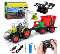 Charmofun Tracteur Télécommandé Enfant, Tracteur Radiocommandé avec Bétonnière et Éclairage, 2.4GHz Tracteur Télécommandé avec Remorque, Cadeau de Tracteur RC pour Enfants de 3 Ans et Plus