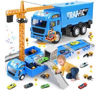 Charmofun Véhicule Chantier Jouet Enfants - Ensemble Camion Grue à Tour avec Piste Éjectante (Excavatrice, Rouleau Compresseur, Fourchonneuse, Bulldozer) - Sons/Lumières - Cadeau pour Garçons 3-8 Ans