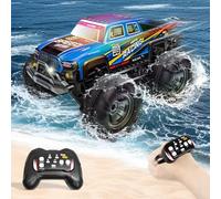Charmofun Voiture Télécommandée Tout Terrain Amphibie, 4WD Monster Truck Télécommandé avec Lumières LED et 2 Piles, 2,4 GHz Voiture RC, RC Offroad Car 360° pour Les Enfants De 7 À 14 Ans (Blue)