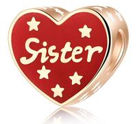Charms coeur soeur en or rose pour bracelet de noël pandora, perles belle soeur en émail rouge en argent sterling 925 avec petites étoiles, cadeaux pour tante/niece/grande sister/cousine/fille