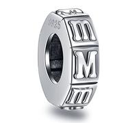 Charms espaceur lettre M, perles de stoppeur en caoutchouc de alphabet M initiale en argent sterling 925 antique, adapté pour bracelet fête des mères pandora, cadeau personnalisé pour maman/mère/noël
