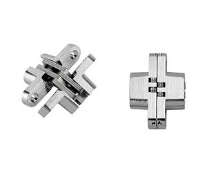 Charnière invisible à encastrer - Pour panneau d'épaisseur maxi : 25 mm - Pour panneau d'épaisseur mini : 18 mm - Largeur : 13 mm - Longueur : 44 mm - Matériau : Zamac - Décor : Zingué - POTTKER