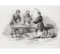 Charpentiers et leurs outils au XVIe siècle. De l'histoire du progrès en Grande-Bretagne publié en 1866. Poster imprimé par Ken Welsh (17 x 12)