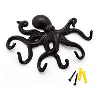 ChasBete Patere Murale de Poulpe, Patere Murale Design, Porte Manteau Mural Design Rustique, Crochet Porte Manteau Robuste à 6 Bras- Noir