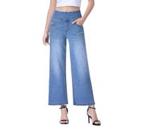 Chasehot Jean Femme,Jeans Capri à Jambe Large avec Poches,Pull on Taille Haute Baggy Jambes Jean,Mode Slim Denim Pantalon Large Stretch,Bleu Moyen-XL