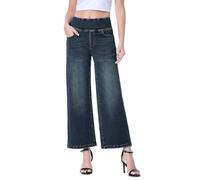Chasehot Jean Femme,Pull on Taille Haute Baggy Jeans,Wide Leg Jean Taille Elastique avec Poches,Mode Stretch Pantalon en Denim,Bleu Vintage-L