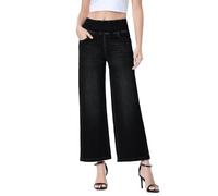 Chasehot Jean Femme,Pull on Taille Haute Baggy Jeans,Wide Leg Jean Taille Elastique avec Poches,Mode Stretch Pantalon en Denim,Noir-L