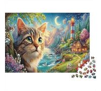 Chat 1000 Pièces Puzzle À ThèmeTabby Chat Lighthouse Stream pour Adultes Moderne Jeu Difficile EtStimulant Paysagedes QuatreSaisons 52x38cm/1000pcs
