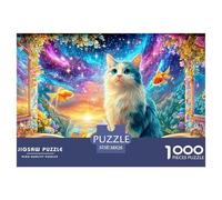 Chat à côté de Poisson d'or, scène de fenêtre Cosmique Puzzle De 1000 Pièces Pet Chat Mignon Parfait pour Le Lien Familial, Adultes Et Enfants 38x26cm/1000pcs