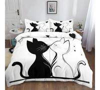 Chat Aimant Dessin Animé Noir Et Blanc Parure de Lit 240x260 cm Noir Et Blanc Housse de Couette Imprimé Microfibre Confortable Ensemble de Literie avec Fermeture Éclair et 2 Taies d'oreiller