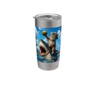 Chat amusant à chevaucher, requin, été, plage, vacances, océan, aventure Gobelet isotherme en acier inoxydable double paroi