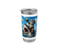 Chat amusant à chevaucher, requin, été, plage, vacances, océan, aventure Gobelet isotherme en acier inoxydable double paroi