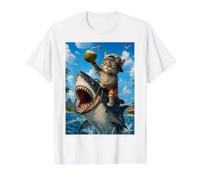 Chat Amusant à chevaucher, Requin, été, Plage, Vacances, océan, Aventure T-Shirt Graphique avec Valeur, Homme, Blanc, S