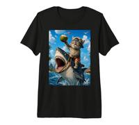 Chat Amusant à chevaucher, Requin, été, Plage, Vacances, océan, Aventure T-Shirt Haut de Gamme
