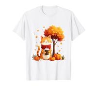 Chat Amusant avec café glacé sous l'arbre d'automne Chat Bonjour Automne T-Shirt Graphique avec Valeur
