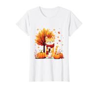 Chat Amusant avec café glacé sous l'arbre d'automne Chat Bonjour Automne T-Shirt Graphique avec Valeur, Femme, Blanc, XS