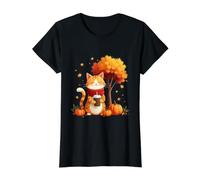 Chat Amusant avec café glacé sous l'arbre d'automne Chat Bonjour Automne T-Shirt Graphique avec Valeur, Femme, Noir, XS