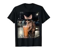 Chat Amusant Devon Rex Buvant du café glacé Chat drôle T-Shirt Graphique avec Valeur, Homme, Noir, M