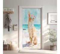 Chat Aquarelle Poster De Porte Trompe L'oeil, Chaton Animal de Compagnie Auto-Adhésif Sticker Mural, pour Chambre Salon Cuisine Plage Vagues Côtier Stickers Autocollants de Porte 85x215 cm Q6iB27
