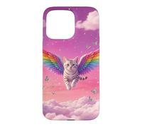 Chat Arc-en-Ciel fantaisiste Volant Ciel Rose Mignon Accessoire Fantaisie Coque pour iPhone 15 Pro Max