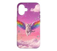 Chat Arc-en-Ciel fantaisiste Volant Ciel Rose Mignon Accessoire Fantaisie Coque pour iPhone 16