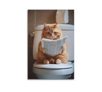 Chat assis sur les toilettes lisant un journal _ Décoration de salle de bain amusante _ Impression d'animaux drôles et insolites _ Ai Home Prints_-1_3 Poster décoratif sur toile Poster mural et art
