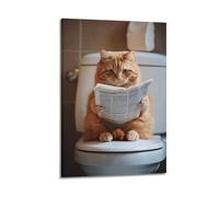 Chat assis sur les toilettes lisant un journal _ Décoration de salle de bain amusante _ Impression d'animaux drôles et insolites _ Ai Home Prints_-1_3 Poster décoratif sur toile Poster mural et art