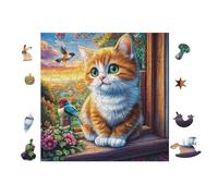 Chat at The Window with Flowers 100 Pieces Casse-tête Adolescent en Voitureton Épais Haute Densité Difficulté Moyenne Activité ÉduChative Passe-Temps Cadeau Noël Pas Cher 28x28cm