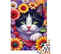 Chat au Milieu des Fleurs Puzzle Classique 1000 Pièces, Papier Recy dultes & Enfants,Chat Noir et Blanc Décoration Intérieure, Art Mural, Cadeau Boxing Day, Jeu Éducatif 52x38cm/1000pcs