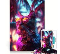 Chat aux Lunettes de Soleil néon Puzzle 1000 pièces pour Adultes Cadeau pour améliorer la mémoire Calme et sérénité Bords Nets Cadeau Artistique (50x75cm)