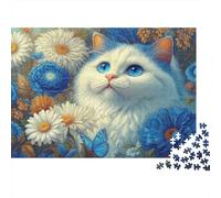 Chat aux Yeux Bleus Floral Carton Extra Épais Puzzle De Bricolage 12 Ans+ Jeu De Famille Amusant Stimulant Belle Décoration Murale Idée Cadeau 38x26cm/1000pcs