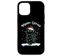 Chat avec Chapeau de Père Noël Merry Catmas Black Cat Christmas Lights Coque pour iPhone 12/12 Pro