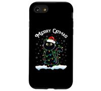 Chat avec Chapeau de Père Noël Merry Catmas Black Cat Christmas Lights Coque pour iPhone SE (2020) / 7/8