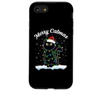 Chat avec Chapeau de Père Noël Merry Catmas Black Cat Christmas Lights Coque pour iPhone SE (2020) / 7/8
