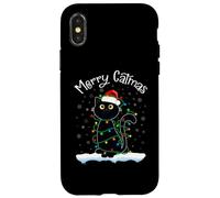 Chat avec Chapeau de Père Noël Merry Catmas Black Cat Christmas Lights Coque pour iPhone X/XS