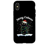 Chat avec Chapeau de Père Noël Merry Catmas Black Cat Christmas Lights Coque pour iPhone X/XS