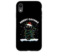 Chat avec Chapeau de Père Noël Merry Catmas Black Cat Christmas Lights Coque pour iPhone XR
