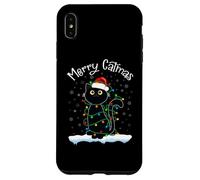 Chat avec Chapeau de Père Noël Merry Catmas Black Cat Christmas Lights Coque pour iPhone XS Max