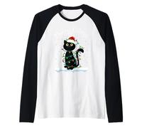 Chat avec Chapeau de Père Noël Merry Catmas Black Cat Christmas Lights Manche Raglan