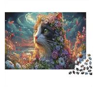 Chat avec Couronne de Fleurs au Coucher du Soleil Puzzle 1000 Pièces Éducatif, Pet Défi Intellectuel, Cadeau Et Décoration Murale 70x50cm/1000pcs