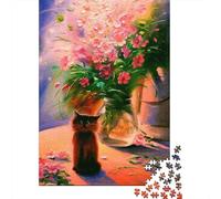 Chat avec Fleurs 1000 Pièces Carton Recy hat Bouquet Fleurs Puzzle pour Familles Coupe Précise sans Poussière Activité Famille 70x50cm/1000pcs