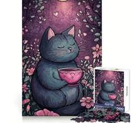 Chat avec Tasse de thé dans Le Jardin Puzzle 1000 pièces pour Adolescents Recall Power Serene Escape Bords précis Cadeau d'anniversaire (50x75cm)