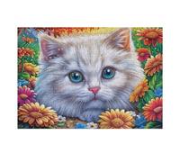 Chat Blanc à la Bordure de Fleurs 300 Pieces Casse-tête Adolescent en Carton Épais Difficulté Moyenne Activité Éducative Cadeau Saint Valentin Pas Cher Anniversaire 300 PCS