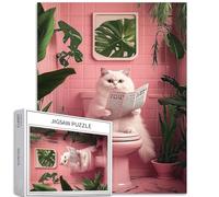 Chat blanc aux toilettes, puzzle de 1000 pièces pour adultes, chat blanc mignon et amusant, puzzle d'art de salle de bain nordique pour décoration de la maison, cadeaux, puzzle familial, parfait pour