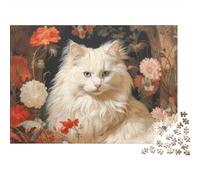 Chat Blanc avec des Fleurs 1000 Teile Umweltfreundliches Karton Puzzle Für Erwachsene Puzzle-Liebhaber Brain Training Stressabbau Entspannung Familienpuzzle 52x38cm/1000pcs