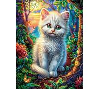 Chat blanc dans la forêt magique 300 Pièces Puzzle Collectionneur En Carton Rigide Sans Déformation Conte de fées d'accompagnement magique Très Difficile Motif Complexe Décoration Murale Qualité Premi