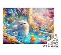 Chat Blanc dans Le Bain avec des Bulles, des Canards en Caoutchouc et des Fleurs Puzzle De 1000 Pièces Chat Mignon Amusement De Jeu d'esprit pour Adultes Et Enfants 38x26cm/1000pcs