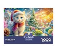 Chat Blanc dans Un écharpe, Paysage Festif enneigé Puzzle De 1000 Pièces Christmas Style Puzzles Classiques pour Enfants Et Adultes 70x50cm/1000pcs