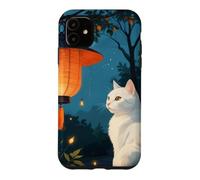 Chat Blanc dans Un Jardin Japonais avec Lampes Minuit Coque pour iPhone 11
